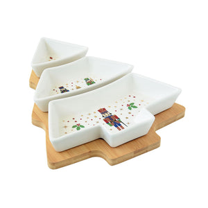Coffret apéritif forme sapin avec 3 coupelles en porcelaine sur plat en bambou Nutcracker - Easy Life