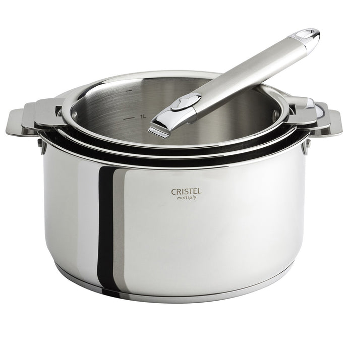 Série de 3 casseroles inox amovibles Casteline et une poignéeZenith - Cristel