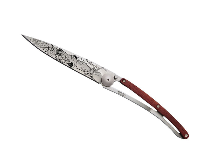 Couteau de poche 37g, bois corail, Scène de chasse - Deejo