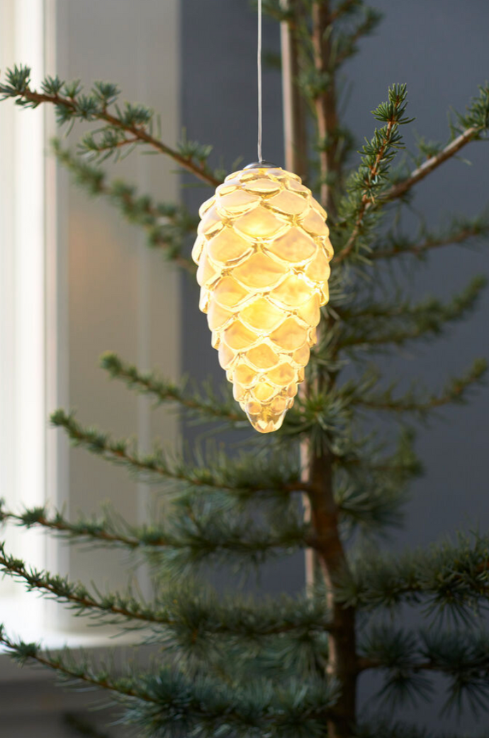 Cône de sapin à suspendre en verre éclairé Led H 12 cm - Sirius